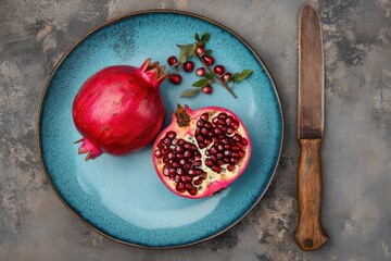 A ripe pomegranate halves on a blue plate accompanied by a rustic knife set against a gray backdrop