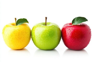 A variety of apples red green and yellow set against a white backdrop