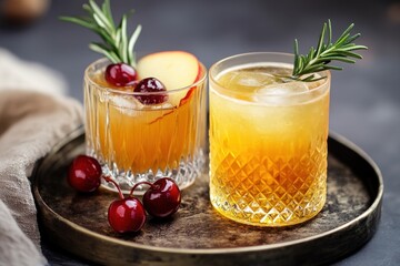 A round tray holds two cocktails in patterned glasses one with cherry and apple vodka the other a golden drink both topped with rosemary