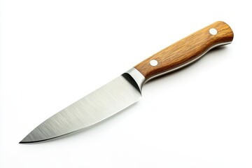 A small stainless steel kitchen knife with a wooden handle is isolated on a white background