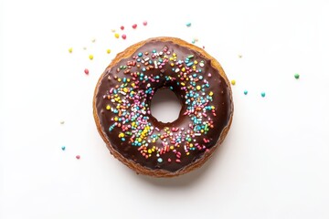 A white background showcases a chocolate donut topped with vibrant sprinkles from above