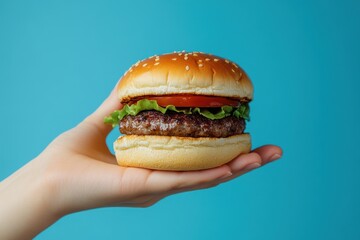 A woman s hand holding a hamburger against a blue backdrop
