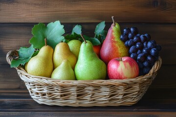 A wooden table holds a basket of mixed fruits like apples pears and grapes