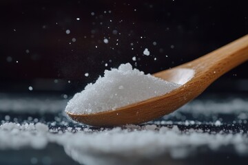Add salt to a wooden spoon close up