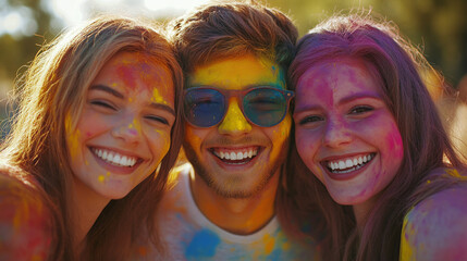 Fototapeta premium Group of happy people in Holi colors at festival