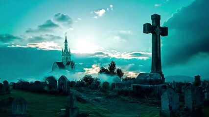 Spooky cemetery transition from dusk till dawn. Creepy nightfall to sunrise in cemetery.