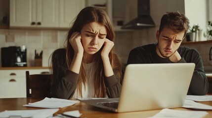 Couple faces financial troubles, seen in their sad expressions.