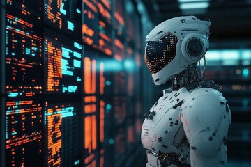 Fototapeta premium A White Robot With A Helmet Gazing at A Wall of Screens Displaying Binary Code