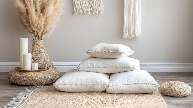 Cozy pillows and decor in a serene setting.