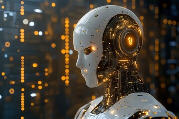 Fototapeta premium Close-up Portrait of a Glowing White Robot with Visible Circuitry