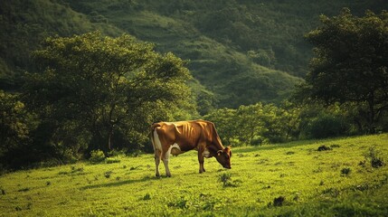 Obraz premium Cow eats grass in field.