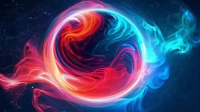 Abstract cosmic red and blue energy sphere swirling on starry space backdrop.
