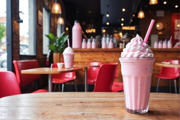 Pink milkshake on the table in a cute cafe background with copy space.