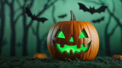 Obraz premium Spooky Halloween pumpkin with green glow in a misty forest, surrounded by flying bats and eerie trees.