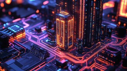 Futuristic High-Rise Metropolis: Neon-Lit Tech Cityscape Poster for Modern Interior Design, Featuring a Colorful Circuit Board with Sparkling Details - Perfect for Sports and Gaming Spaces!