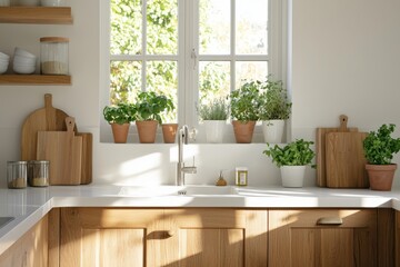 Fototapeta premium Bright Minimalist Kitchen. Wooden Cabinets. Modern Kitchen Interior Design.