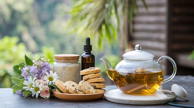 A glass teapot filled with herbal tea, a plate of shortbread cookies, a jar of honey, a bottle of oil, and a bouquet of flowers on a table. - Powered by Adobe