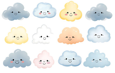Illustration of clouds, set of colorful cartoon clouds on white background.