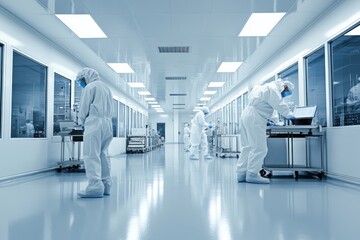 Workers in Cleanroom Suits Working in a Modern Cleanroom Facility
