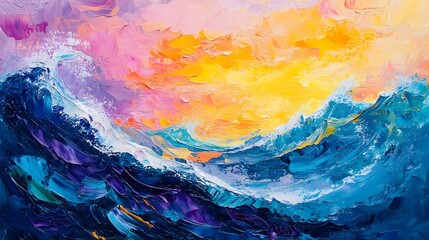 Abstract, colorful oil painting of ocean waves with textured brush strokes, impasto, and thick paint layers. Close-up, macro shot with vibrant colors of blue, pink, yellow, and purple.