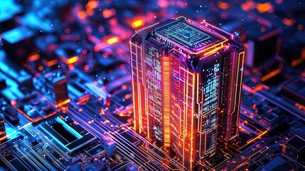 Obraz premium Futuristic High-Rise Metropolis: Neon-Lit Tech Cityscape Poster for Modern Interior Design, Featuring a Colorful Circuit Board with Sparkling Details - Perfect for Sports and Gaming Spaces!