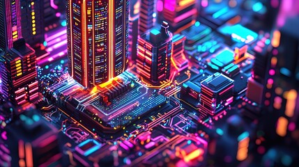 Obraz premium Futuristic High-Rise Metropolis: Neon-Lit Tech Cityscape Poster for Modern Interior Design, Featuring a Colorful Circuit Board with Sparkling Details - Perfect for Sports and Gaming Spaces!