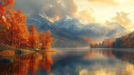 Fototapeta premium majestic autumn mountain landscape vibrant foliage misty peaks serene lake reflection golden sunlight atmospheric perspective impressionistic style