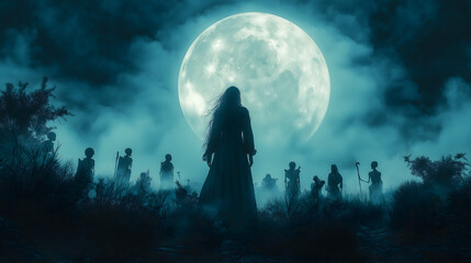 A woman stands in front of a large moon, surrounded by a group of people. The scene is dark and mysterious, with a sense of foreboding