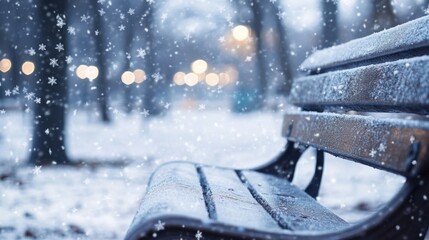 Snow-Covered Wooden Bench in a Winter Park