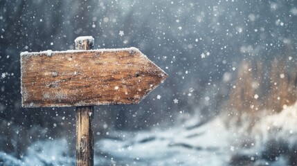 Fototapeta premium Wooden Arrow Sign with Snow Falling in a Winter Forest
