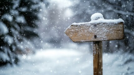 Naklejka premium Snow-Covered Wooden Signpost in a Winter Forest