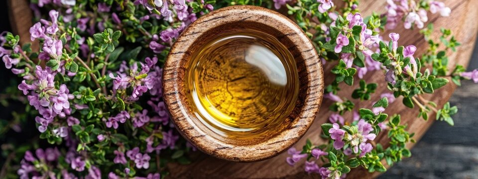 cumin essential oil and mortar. Selective focus