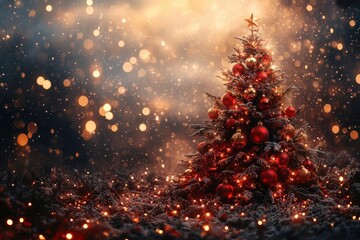 majestic christmas tree adorned with luxurious red and gold ornaments glowing softly against a backdrop of shimmering bokeh lights in warm festive hues