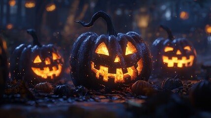 Chilling Pumpkin Faces in a Foggy Forest