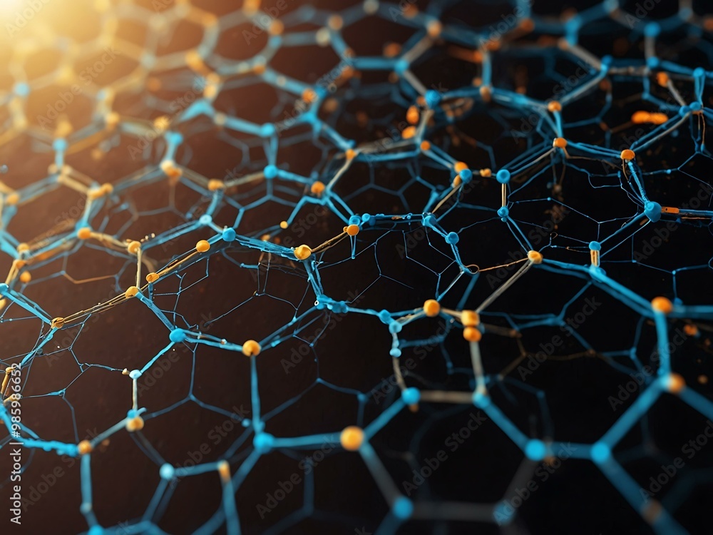Poster line art of a honeycomb network with data transfer elements.