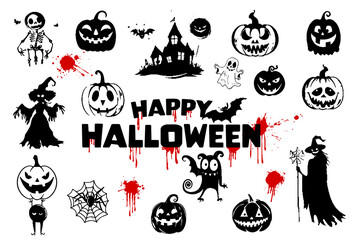 Obraz premium Happy Halloween icon set - Halloween silhouettes, symbols and characters. Blood splatters and other spooky scary elements for Halloween design. Vector illustration for invitations and parties.