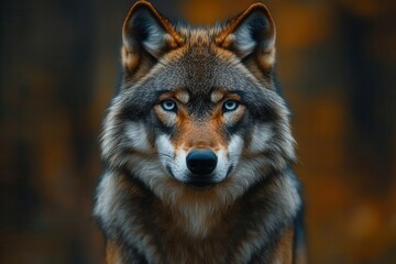 Fototapeta premium majestic closeup portrait of a wolf with piercing blue eyes its fur a blend of rich brown and silvery grey tones against a blurred forest background
