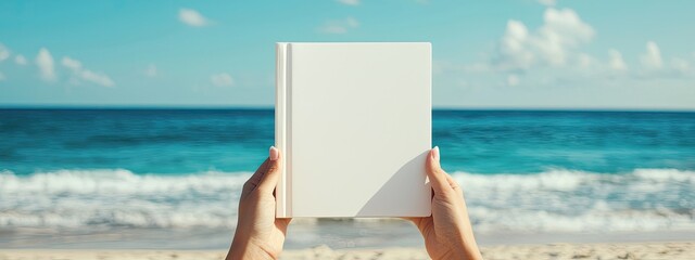 in his hands a white book on the background of the beach. Selective focus