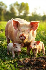 pig with piglets on green grass. Selective focus