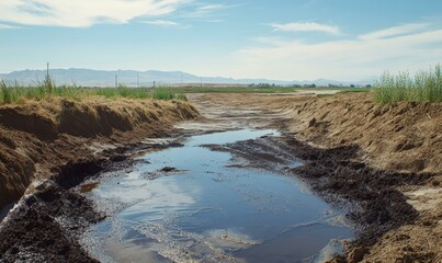 Fototapeta premium A muddy puddle in a dirt path.