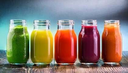 Assortment of fresh fruits and vegetables juices in rainbow colors