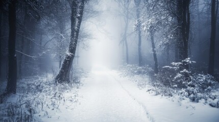 Obraz premium Snow-Covered Path Winding Through a Misty Forest