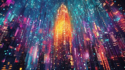 Obraz premium Futuristic Digital Circuit Skyscraper: A Vibrant Cityscape Poster for Modern Interiors, Perfect for Tech-Inspired Spaces and Sporty Environments