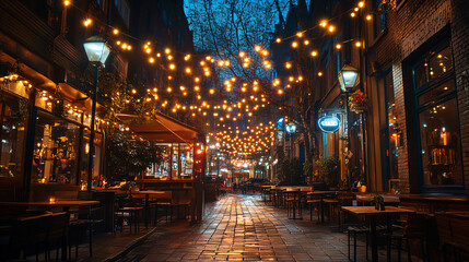 Obraz premium Outdoor street cafe under a starry night sky. 