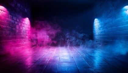 Obraz premium Background of an empty dark room. Empty walls, neon light, smoke, smog. Blue and pink smoke, ultraviolet light in the dark.