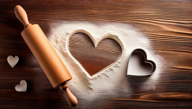 Baking background with the rolling pin, heart shape and flour on the wooden table