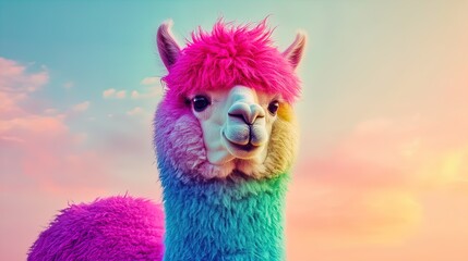 Fototapeta premium Vibrant Alpaca Wonderland: A Cheerful Rainbow-Coated Alpaca with Bold Pink Hair Against a Pastel Sky – Perfect for Brightening Up Your Sports Room Poster!