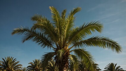Lush palm tree against a clear sky.