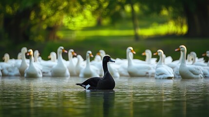 Serene Contrast: A Lone Black Duck Amidst White Geese - Perfect Poster for Tranquil Sports Interiors and Nature Lovers