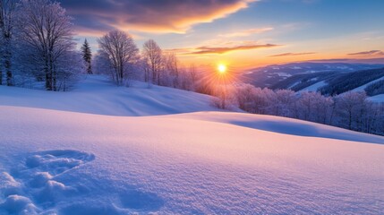 A Snow-Covered Mountain Landscape at Sunrise